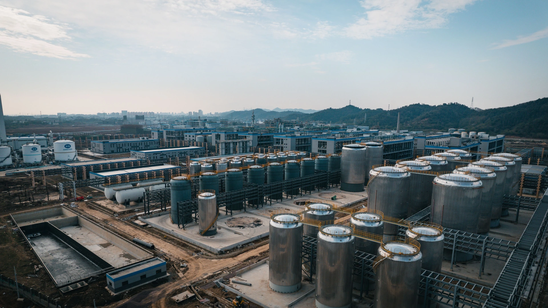 Bulk chemical storage tanks and polymer production base at PureEpox manufacturing facility