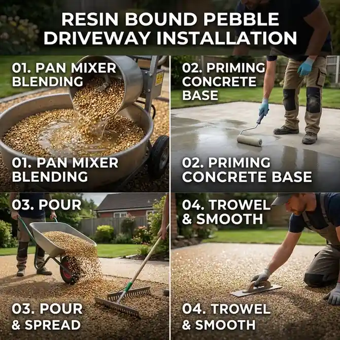 4-step installation guide infographic for resin bound pebble stone driveway and paving
