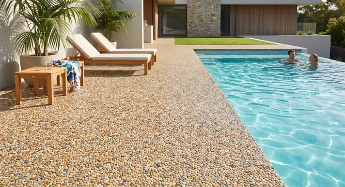 slip-resistant permeable pebble stone pool deck surfacing and drainage system
