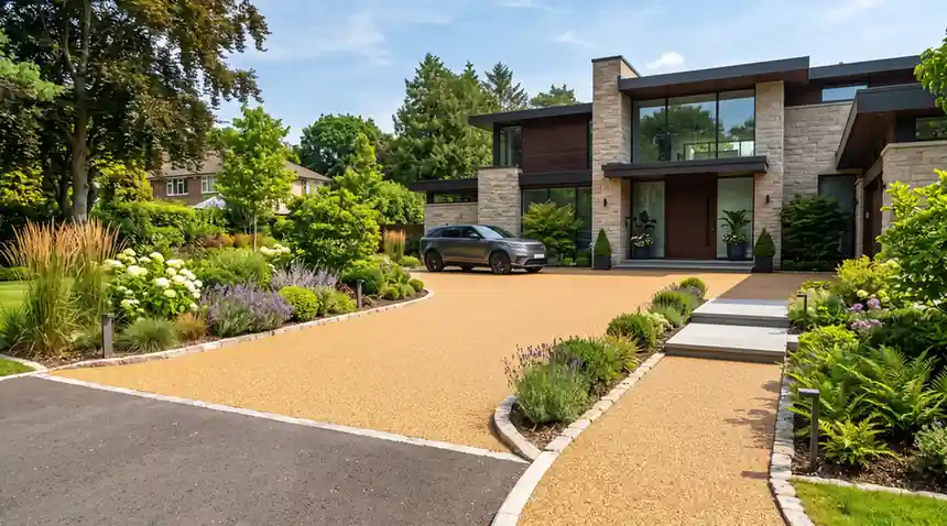 heavy-duty permeable residential driveway paving finished with pebble stone binder