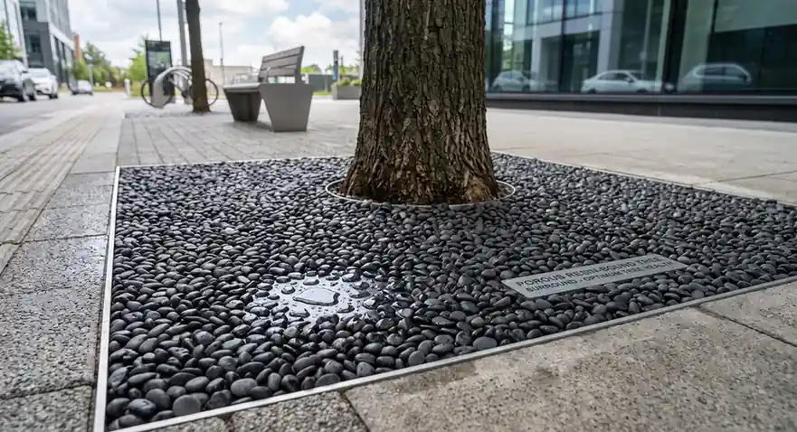 permeable tree pit surround paving made with resin bound pebble stone binder