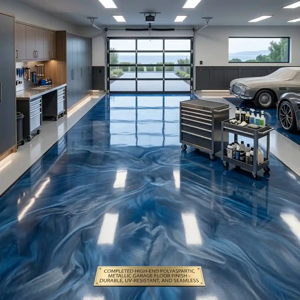 high-end commercial garage and automotive showroom floor coated with polyaspartic resin