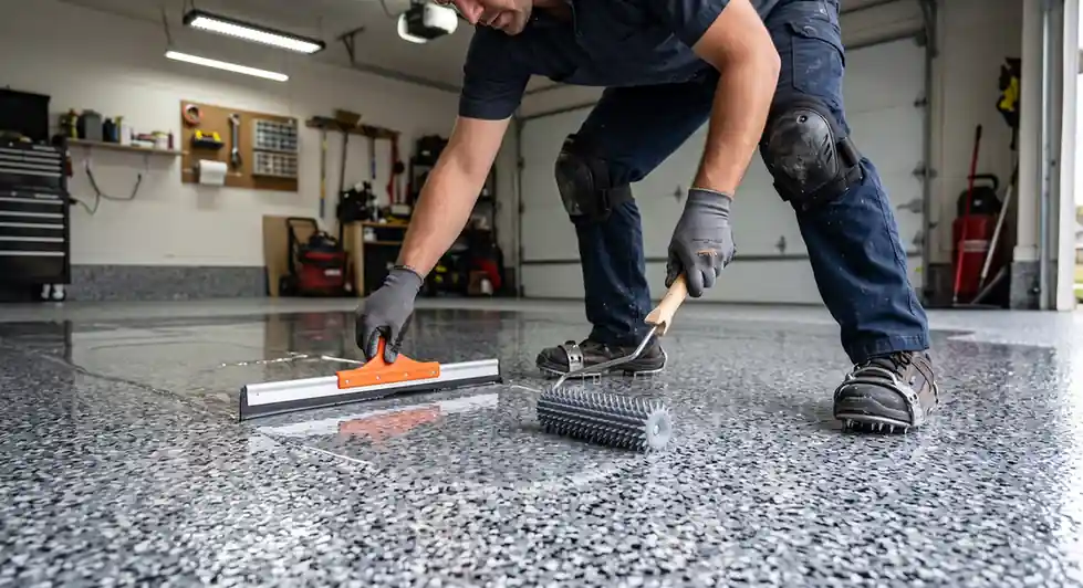 flooring contractor applying polyaspartic polyurea coating with squeegee and roller