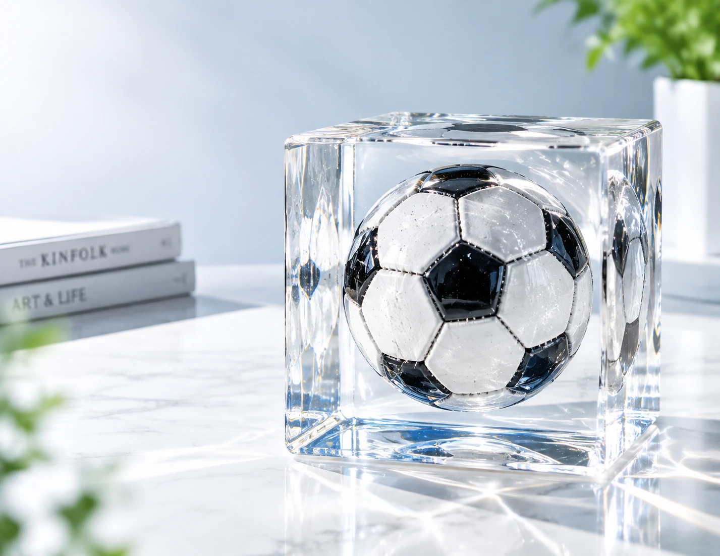 Transparent resin cube with soccer ball casting artwork