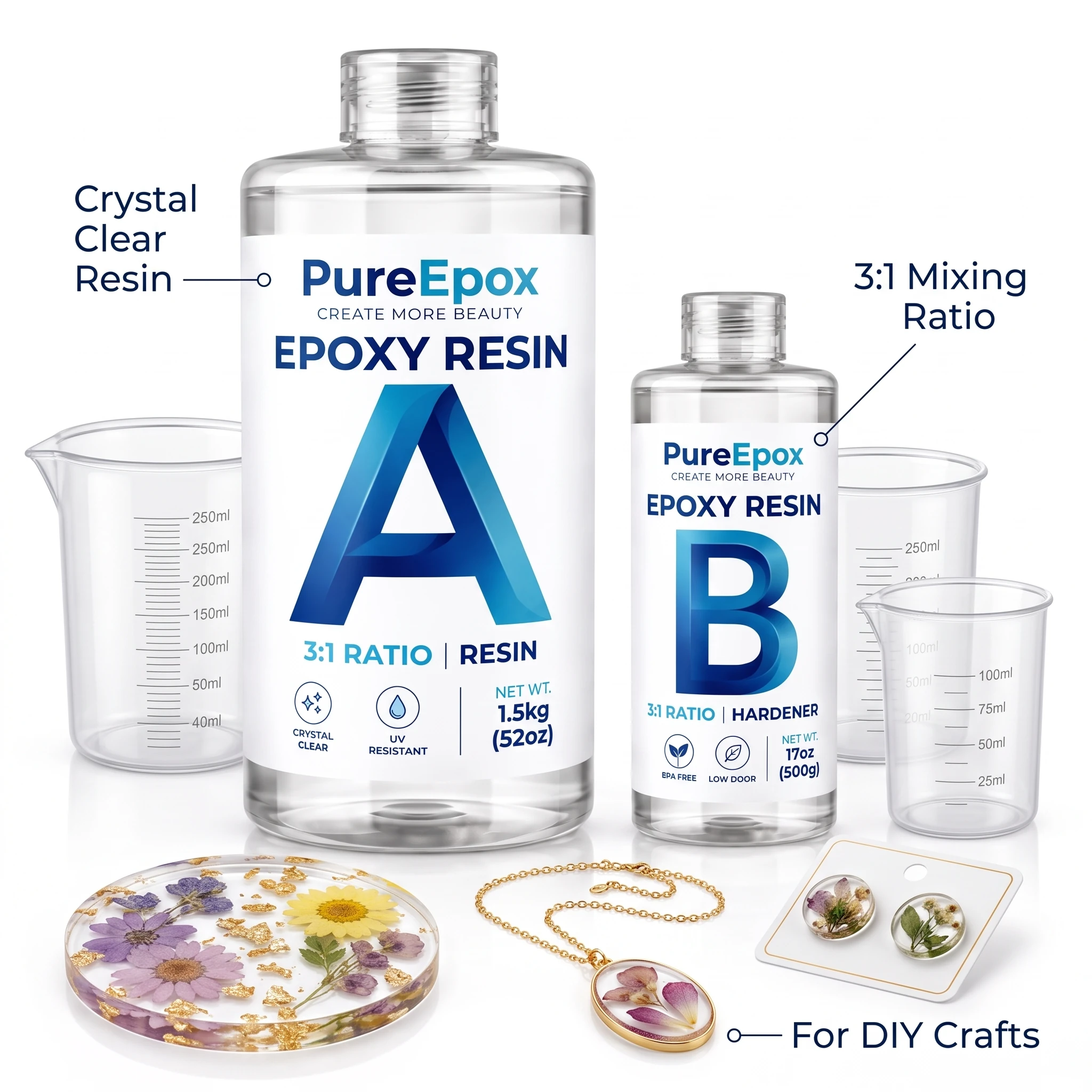 Complete epoxy craft resin starter kit with cups and silicone molds
