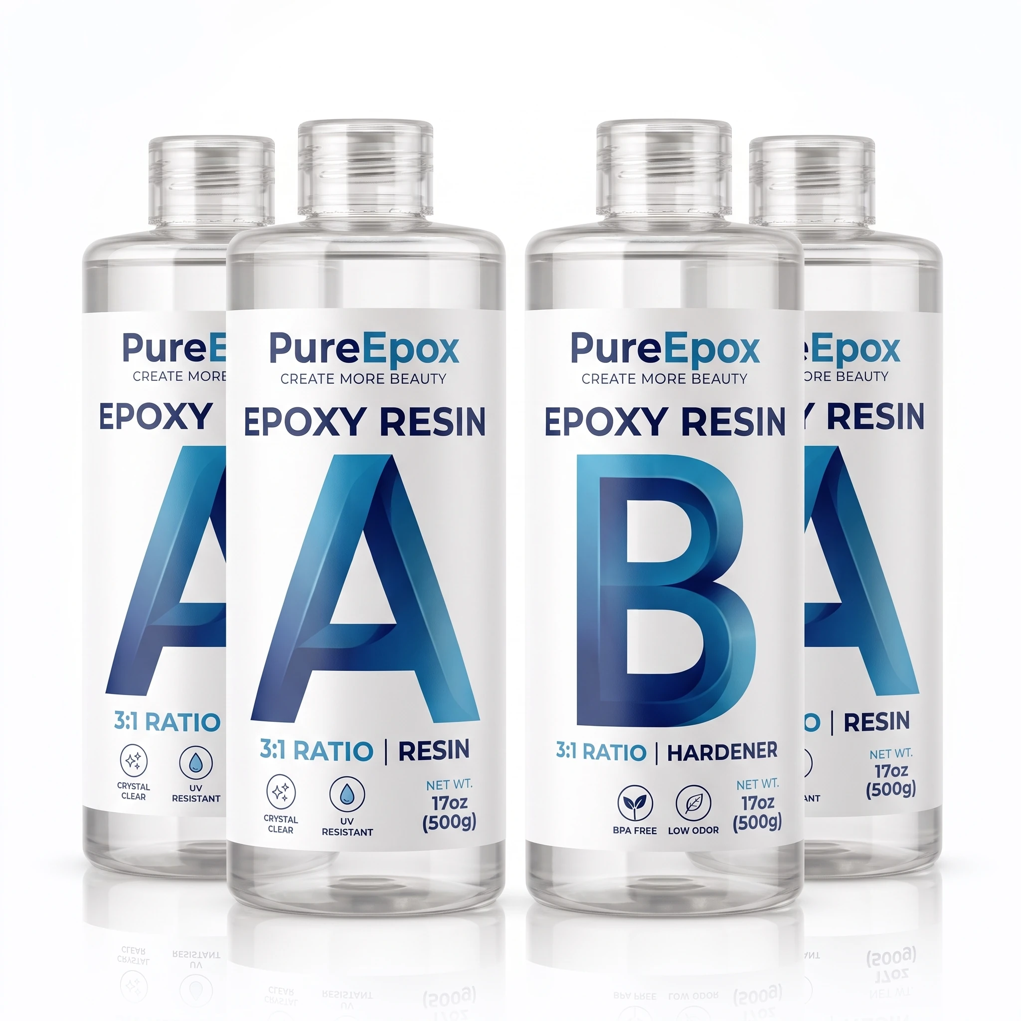 PureEpox crystal-clear epoxy Part A and Part B four-bottle kit