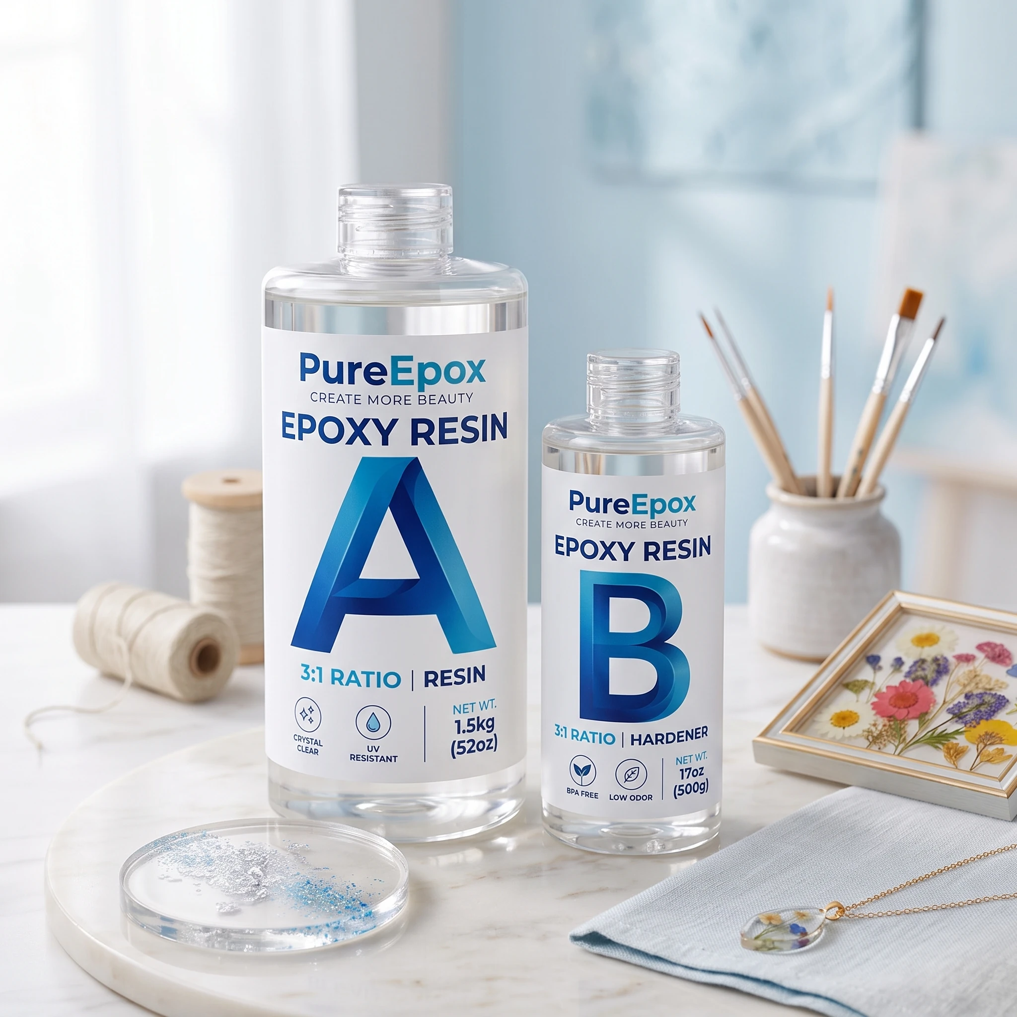 PureEpox craft resin bottles with paint brush and accessories