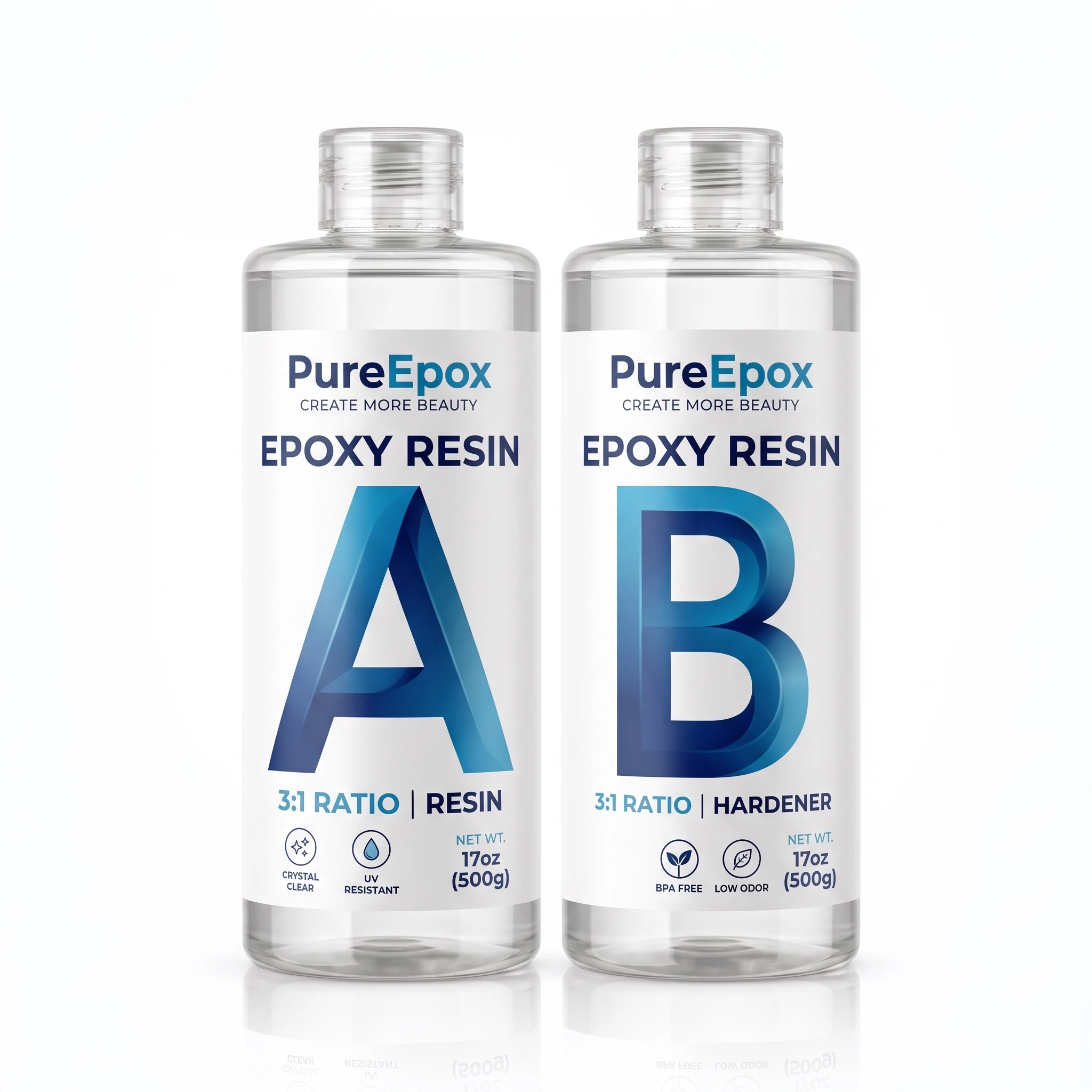 PureEpox Part A resin and Part B hardener bottles on white background