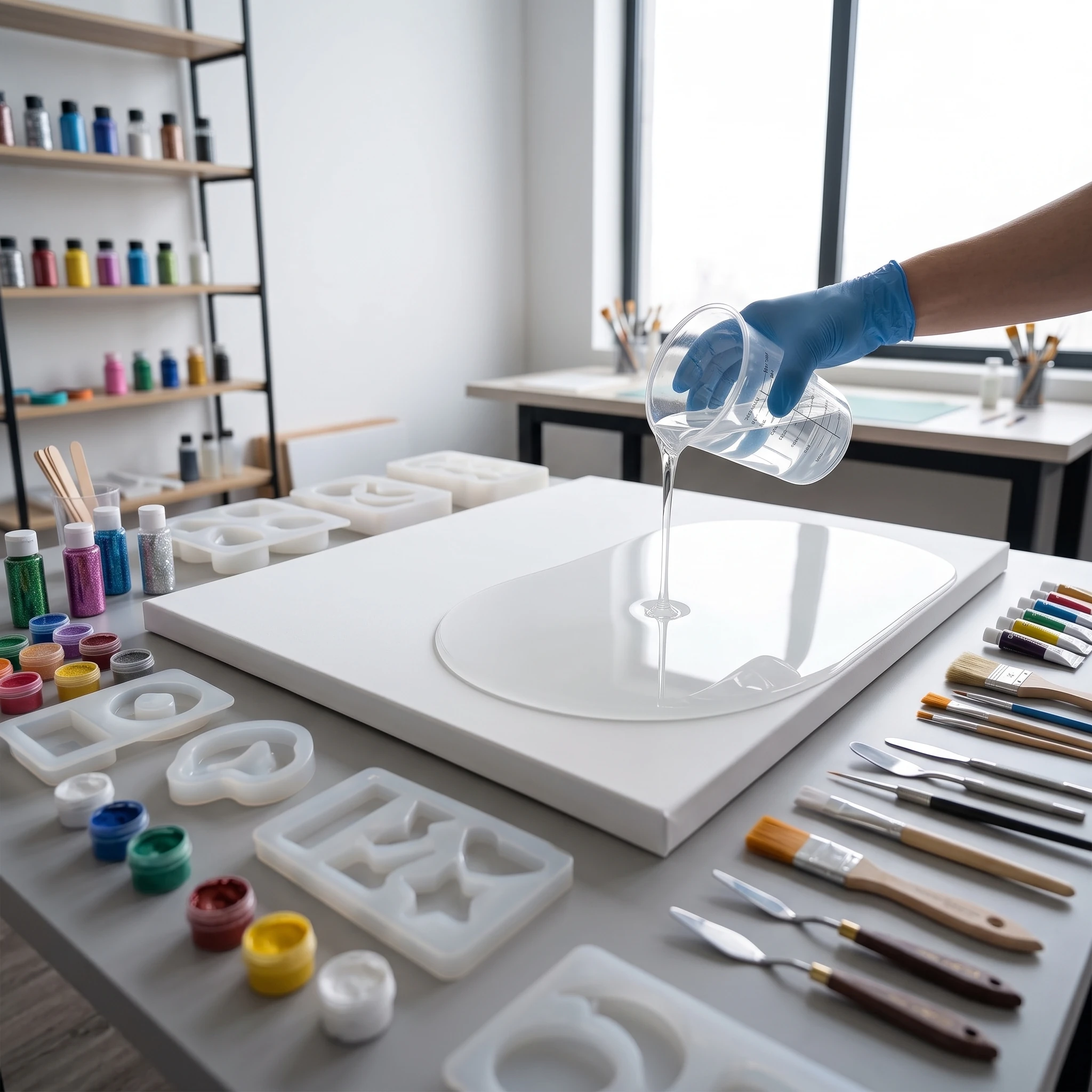 Clear epoxy resin being poured into flat board and silicone molds