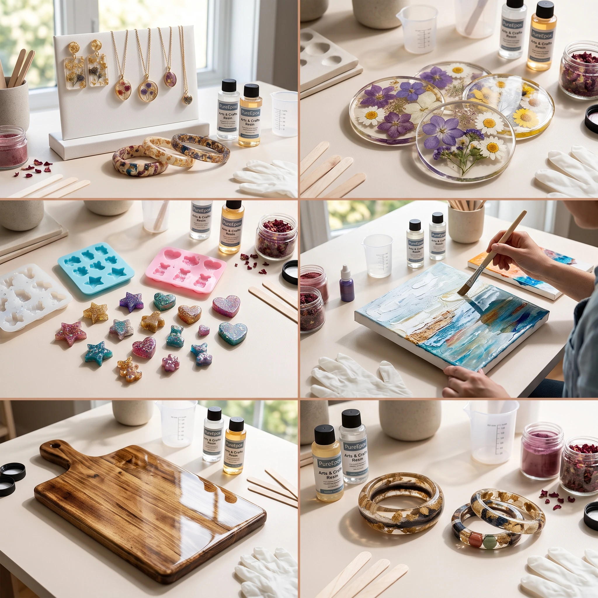 Silicone molds and finished epoxy resin craft casting projects