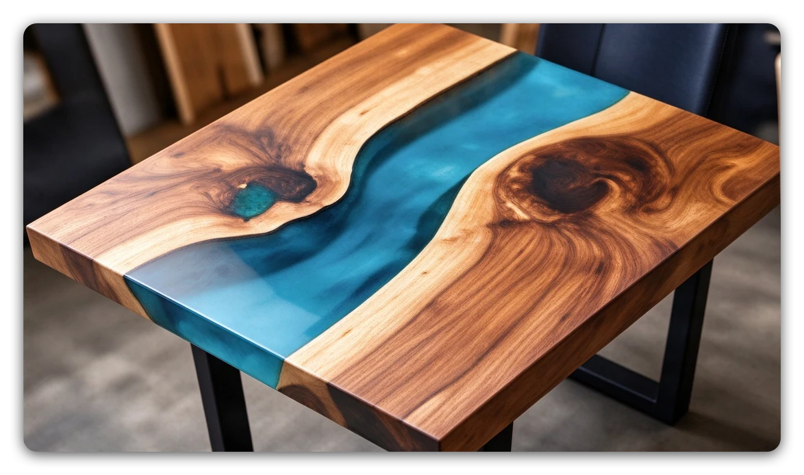 Live edge wood river table cast with blue PureEpox deep pour epoxy resin